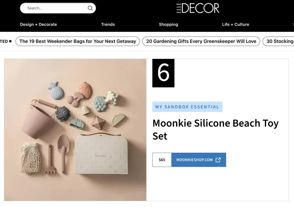 ELLE Decor product inclusion showing the Moonkie Silicone Beach Toy Set.